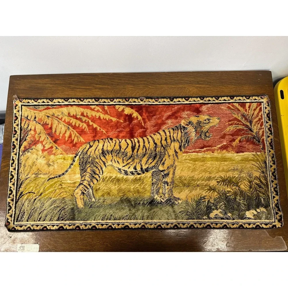 Vintage Tiger Pictorial Woven Rug 20x38 In Multicolor Traditional Accent‎ Decor